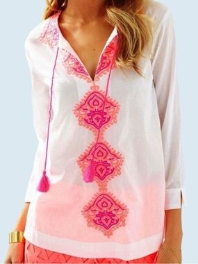 LILLY PULITZER Amelia Island Tunic White Neon Pink Size M